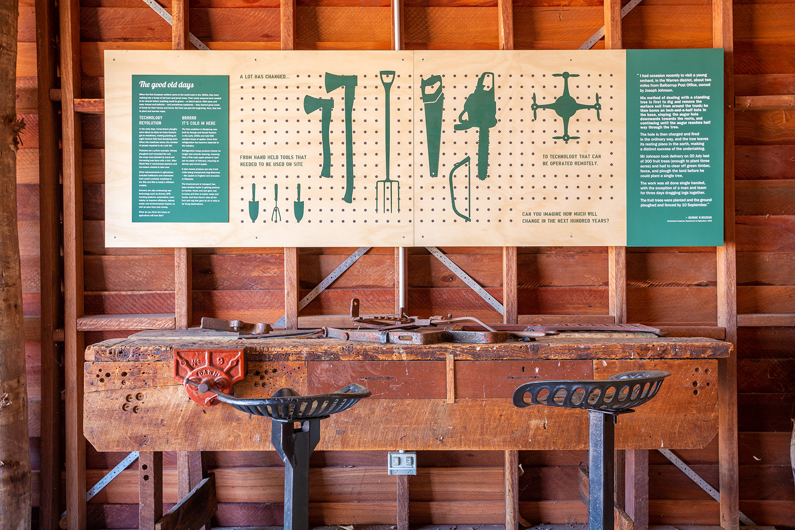 interpretative signage and workbench in agricultural display