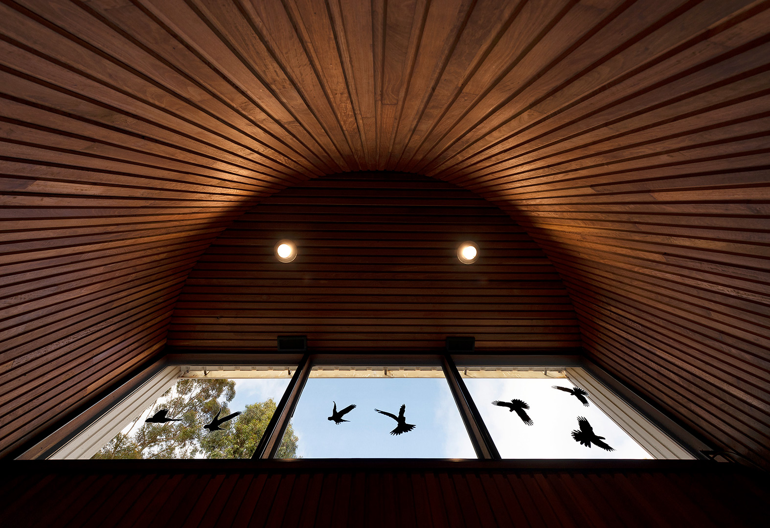view of timber ceiling and timber clad walls in timber museum